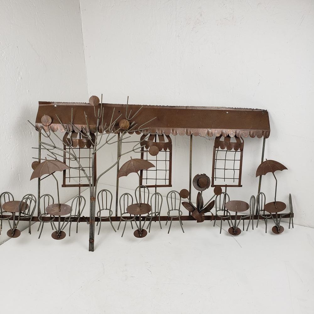 Vintage Metal Wall Art 3D Sidewalk Cafe Bistro Scene Large 31x15 MCM